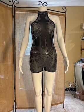 Black Sheer Rhinestone Halter Romper
